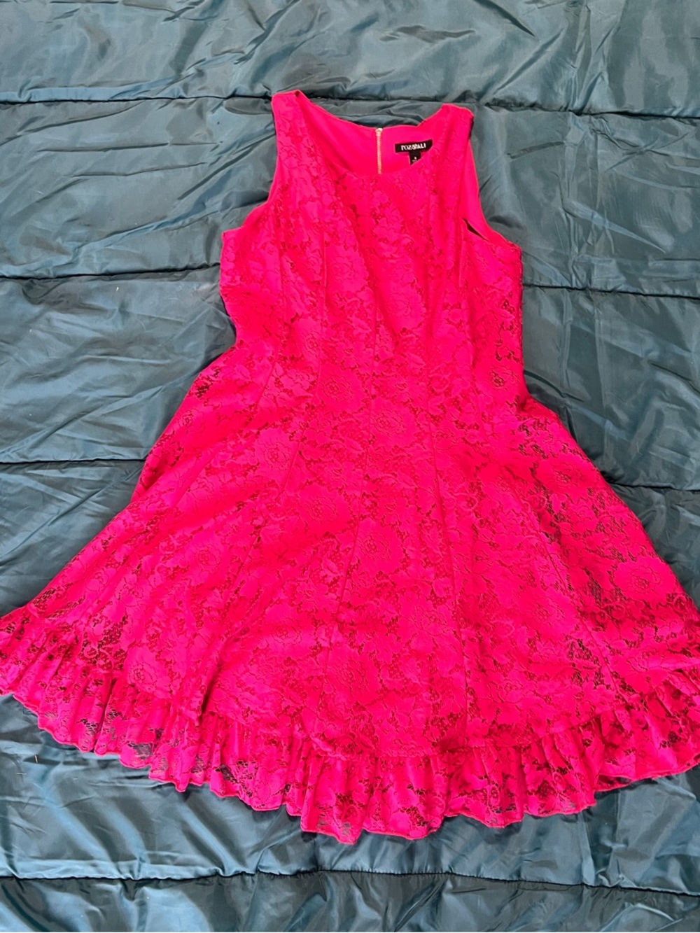 Roz & Ali Hot Pink Lace Midi Dress with Ruffle Hem